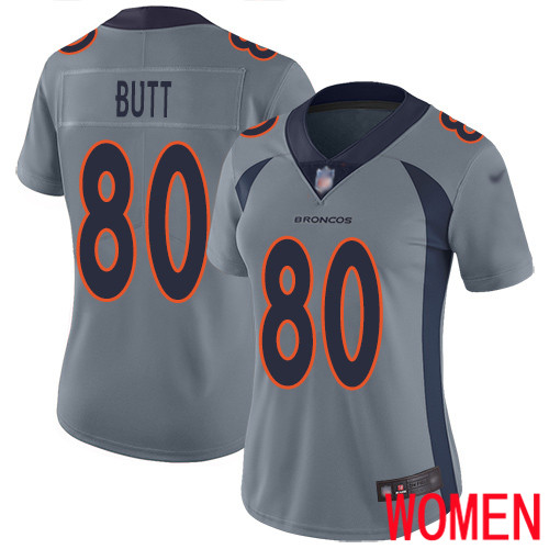 Women Denver Broncos #80 Jake Butt Limited Silver Inverted Legend Football NFL Jersey